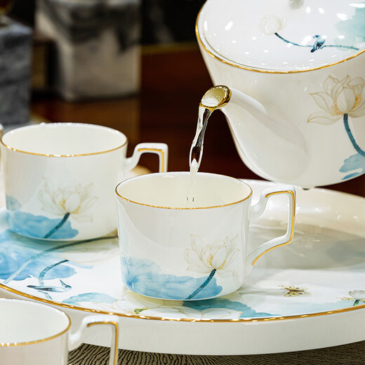 NINE CRANES Jingdezhen cup set 2024 new home light luxury bone china tea cup gift set tea set rotating tray high-end bone china water set 8-piece gift box