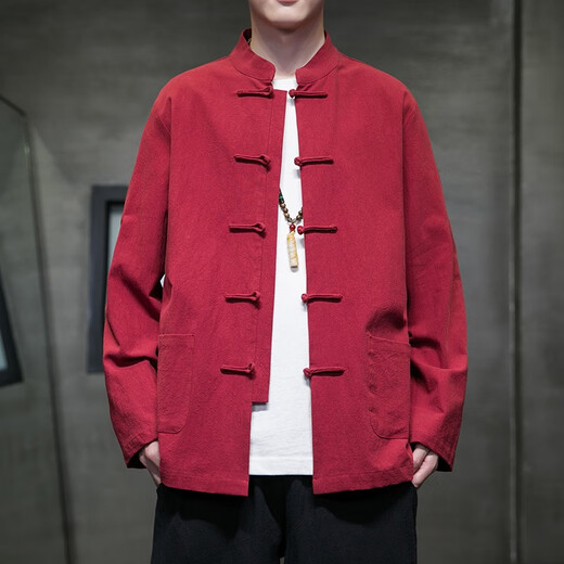 Huatianmu large size Chinese style shirt men's stand collar long sleeve retro style tunic tunic cotton and linen plate button spring and autumn jacket burgundy 3XL, recommended 150-170Jin Jin equals 0.5 kg
