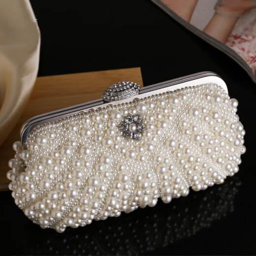 Versatile dinner pearl handbag, female banquet lady's elegant clutch with evening dress, small cheongsam bag, off-white, can enlarge the screen of mobile phone