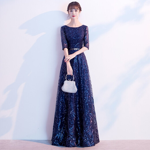 Yingwen temperament evening dress for women 2024 new high-end banquet long annual meeting host music art test party dress navy M