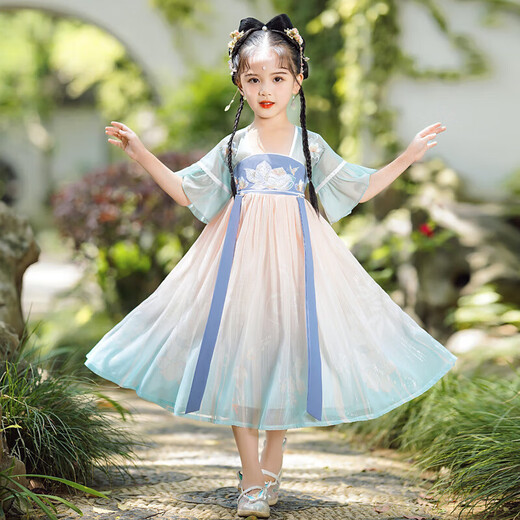 Aibaoshi children's Hanfu girls summer costume short-sleeved dress girls children's day gift Chinese style performance suit S689 Qingshan Dai 120 cm [suggested height 116-125 cm]
