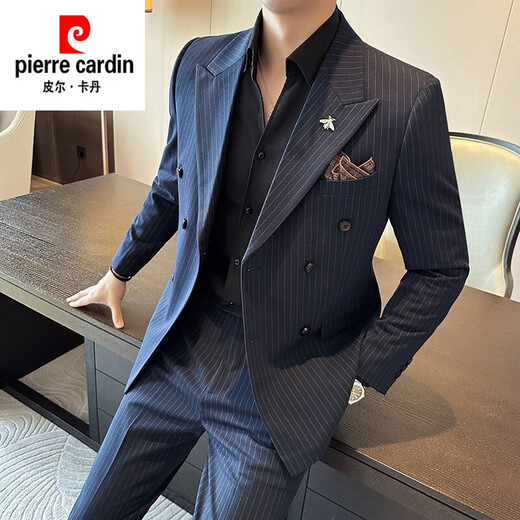 Pierre Cardin peaked lapel double-breasted suit men's slim suit plaid small suit business formal groom groomsmen wedding dress navy 3XL