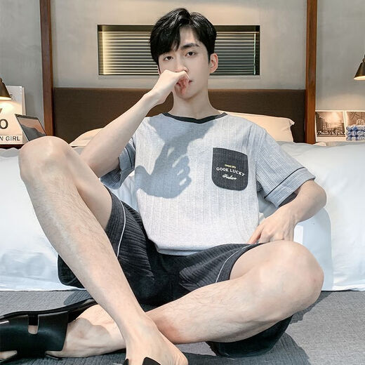 奢梦朵睡衣男夏季棉短袖短裤青年学生家居服宽松大码薄款中年男士套装 H9928 L (建议100-125斤)