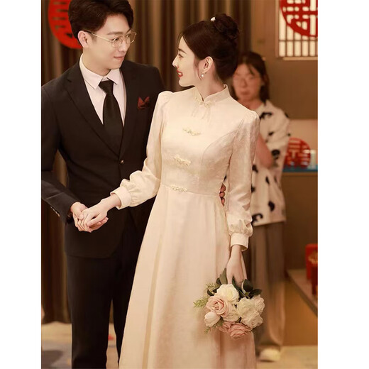 Maxbeth champagne color long-sleeved cheongsam small evening dress for women engagement new Chinese style toasting dress bride homecoming in autumn and winter champagne color M