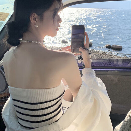 HONGSILINYI strapless tube top, beautiful back, hot girl suspender top design, summer striped knitted vest for women, black, one size fits all, 75Jin Jin is equal to 0.5kg -120Jin Jin is equal to 0.5kg