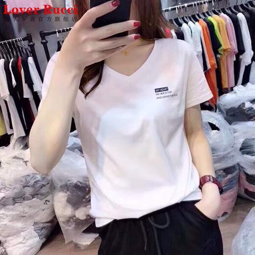 Liebhaber Rucci reines Baumwollschulter kurzärärmig V-Ausschnitt T-Shirt Frauen 2025 Sommer Neues lose Schlank