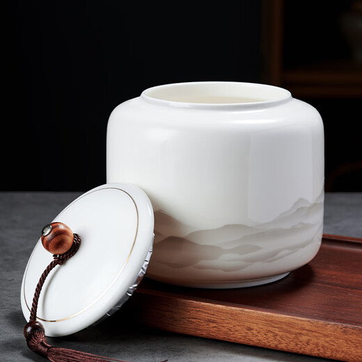 Qingxing Tea Can Sealed Can Storage Can Scented Tea Pu'er High-end Large Large Capacity Ceramic Household Moisture-Proof Gift Ceramic Tea Can-Ink Landscape 1000ml