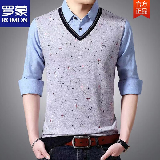 ROMON (ROMON) Spring and Autumn Fake Two-piece Shirt Collar Knit Sweater Men's Long Sleeve Double Collar Shirt T-shirt Middle-aged Men's Thin. Base Shirt 3878 Blue (Spring and Autumn) Button Cuffs Thin XL 175 Recommended 138-158Jin [Jin equals 0.5 kg]