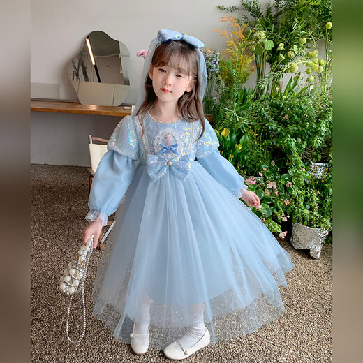 Annie Youer Elsa Princess Dress Girls Autumn Skirt 2025 Spring and Autumn New Frozen Girl Elsa Dress Autumn Blue 110
