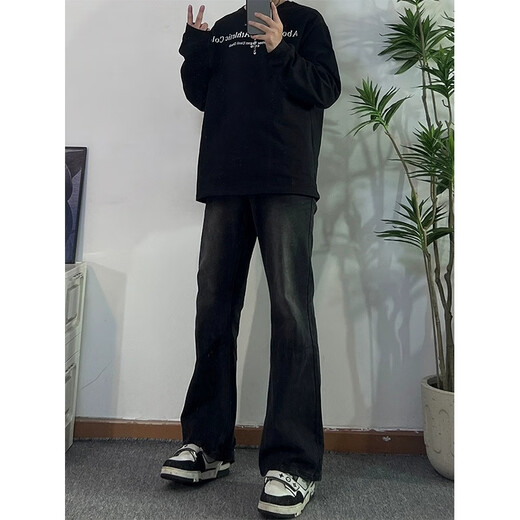 MASFANY微喇牛仔裤男秋季潮牌痞帅直筒修身裤子男美式高街复古vibe长裤 MA719黑色 L