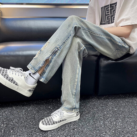 Hongtiwan Jeans Men's Summer Ripped High Street Vibe American Pantals Trendy Men Korean Style Trendy Teenage Slim Fit Blue Ripped Style YD728 L (100-120JIN [Jin est égal à environ 0,5 kg]))
