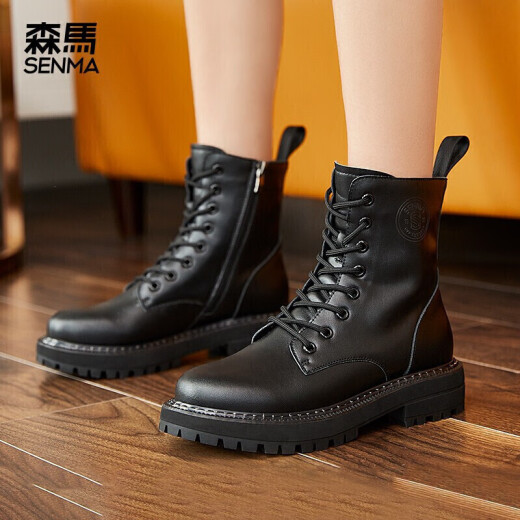 Senma comfortable outdoor fashion boots British lace-up thick-soled high-top Martin boots for women 620313307 piano black 38 size