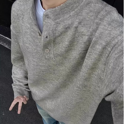 Tang Hao Autumn American Henley Collar Casual Sweater Boys Trendy Versatile Loose Couples Students Handsome Bottoming Sweater Gray XL