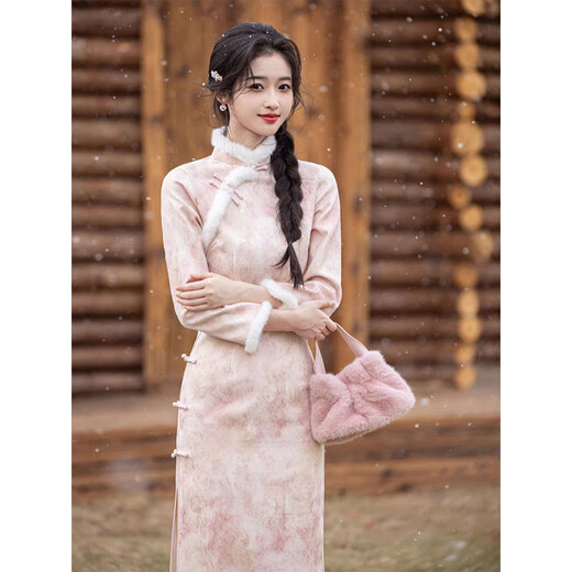 Du Yanzhi 2025 winter new style gilt silver beaded satin long cheongsam plus velvet thickened fur collar cheongsam young high-end cheongsam pink plus velvet L (165) 100-110Jin Jin equals 0.5 kg (1 meter 6 standard)
