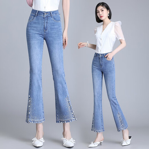 Light luxury nine-point slightly flared jeans for women 2025 new high-waisted slim small side slit slit bell-bottom pants for women blue 6621 spring and summer thin 4XL /32 145-155Jin [Jin equals 0.5 kg]