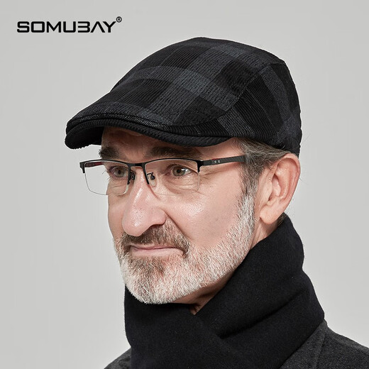 SOMUBAY middle-aged and elderly hats autumn and winter men's style plaid beret dad old man warm casual duck bill forward hat black one size (56-58cm) adjustable
