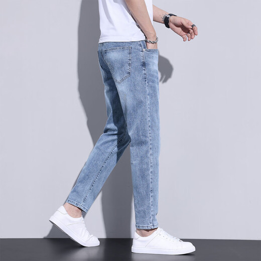 Zengzhi 2025 Summer delgado Jeans de nueve puntos para hombres jóvenes rasgados de pies delgados casuales pantalones de seda elásticos pantalones para hombres
