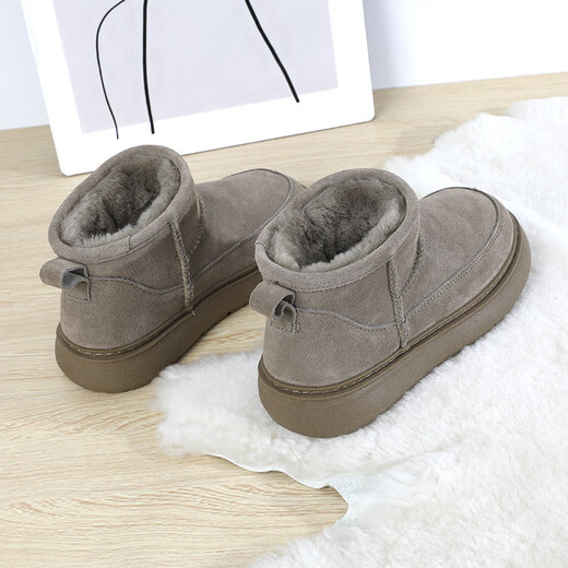 Belle-Ta Brand Botas de nieve de lana de cuero roto para mujeres Nuevos tubos cortos de suela gruesa de invierno más terciopelo con zapatos de algodón sin deslizamiento en espesas Color de regaliz (lana pura) 37