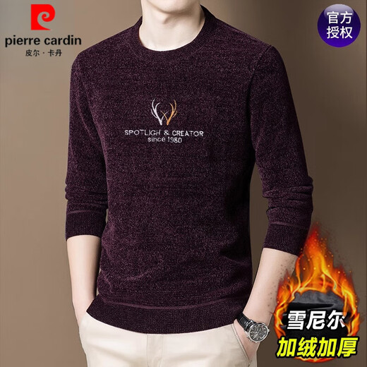 Pierre Cardin Marke Chenille Langarmed T-Shirt für Herren Herbst und Winter und Samt verdickte warme Wollpullover lässige Runde Hals Pullover Pullover T Chenille Deer Blue 170/L [Empfohlen 125-140jin [Jin gleich 0,5 kg]]