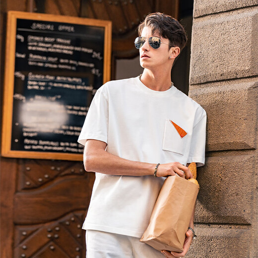 Mr. Bu Bu silhouette creative folding pocket casual round neck short sleeve men's T-shirt spring and summer new GT15263 ivory white XL (180)