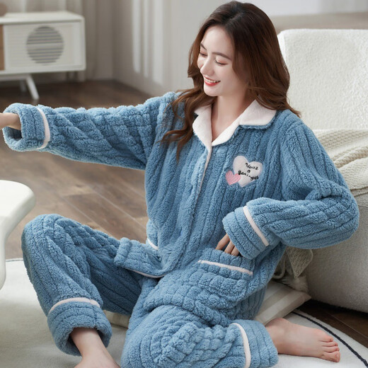 莫代尔法兰绒睡衣女士秋冬季加厚珊瑚绒家居服中青年妈妈装可外穿两件套 T679Luna白月光 超厚 L ：建议(100-120斤)