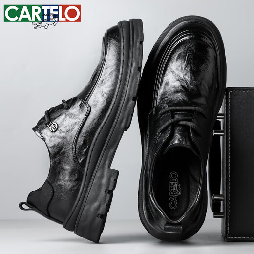 CARTELO men's leather shoes thick-soled hand-scratch pattern anti-wrinkle business casual shoes cowhide breathable lace-up leather shoes men 9946 black 42