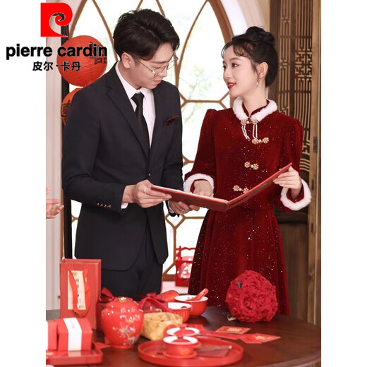 Pierre Cardin Official New Chinese Style Toast Wear 2025 New Bride Autumn and Winter Wedding Red Engagement Dress Skirt Women Winter Plus Velvet Burgundy Flagship Model-Flagship Model M Flagship Model-Flagship Model