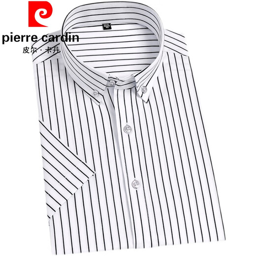 皮尔卡丹（pierre cardin）夏新款短袖弹力条纹衬衫男商务休闲免烫抗皱丝滑修身半袖衬衣衬衫 粉红色 D829短xiu有口袋 XL 40