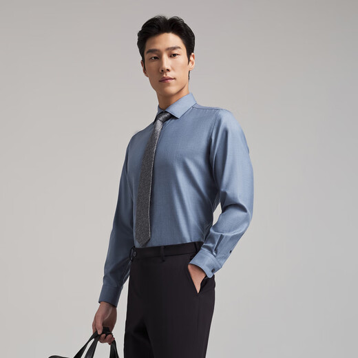 Younger shirt men's autumn and winter young men's long-sleeved shirt wool blended fabric machine washable shirt blue plain VLQW119709HBA 41