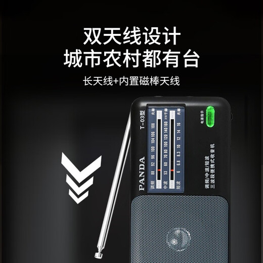 熊猫（PANDA）T-03老人收音机老年人专用老式应急便携式简单款全波段fm调频广播半导体老年新款台式陪伴机随身听 黑色+2节1号电池