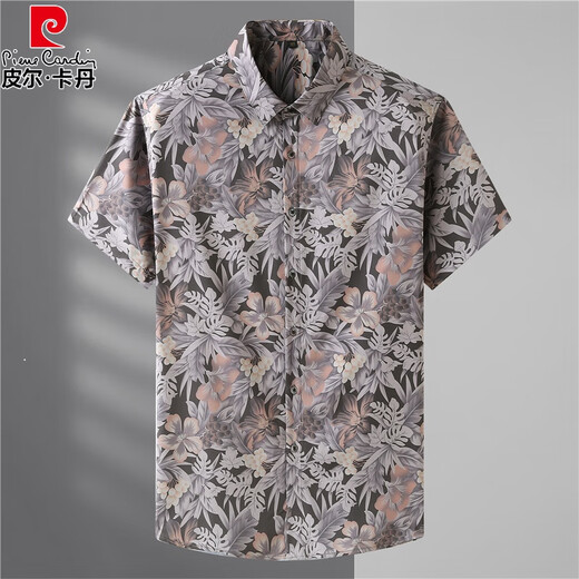 皮尔卡丹高端原單出口大码短袖衬男士胖子花衬衣特大码冰丝上衣 9207黑色 L 175【120-140斤】