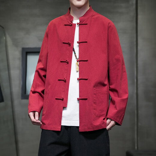 Huatianmu large size Chinese style shirt men's stand collar long sleeve retro style tunic tunic cotton and linen plate button spring and autumn jacket burgundy 3XL, recommended 150-170Jin Jin equals 0.5 kg