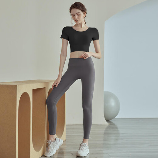 Youyou Yoga Wear Women's New Style Sports Fitness Pilates Training Wear Tops with Breast Pads, Short Sleeves, High-end Set, Black Short Sleeves, Fixed Cup + Gray Purple Pants M
