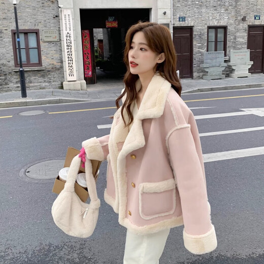 Suluolin (Suluolin) Fell integriertes Lammfell Kurzjacke Frauenkleidung 2023 Herbst und Winter Neuer kleiner Körper plus Fleece-verdickte Baumwollkleidung Khaki Farbe Eins Größe (Vorschlag: 85-145jin [Jin gleich 0,5 kg]))
