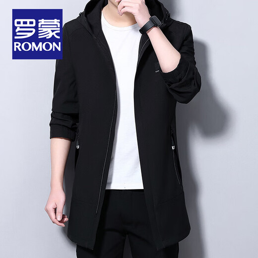 罗蒙（ROMON）高档轻奢中长款连帽风衣男春季新款中青年茄克男士休闲百搭外套男 黑色 175/88A码