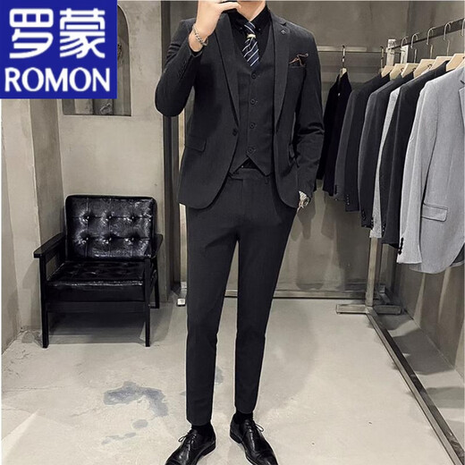 罗蒙（ROMON）痞帅西装男套装高级感修身新郎结婚礼服正装休闲小个子西服外套 黑色西装+裤子+白衬衫 M