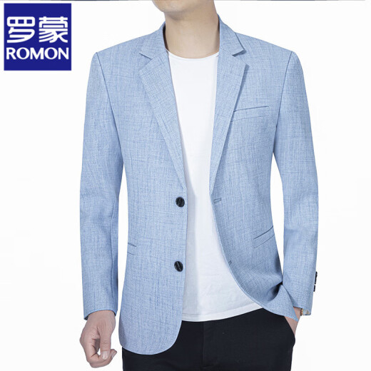 罗蒙（ROMON）高端休闲西服男春夏季轻薄外套中年商务西装仿亚麻 浅蓝 XL 180