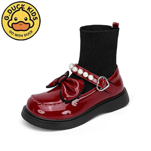 G.duck Little Yellow Duck Girls' Shoes Small Leather Shoes 2025 Children's Short Boots Princess Martin Boots Autumn and Winter Little Girls Black Boots HDL-Red 818 (Single Shoe) Size 37 Inner Length 22.9cm