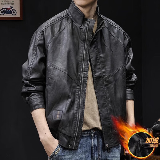 Lexin trendy high-end stand-collar motorcycle leather jacket for men in autumn and winter new men's velvet large size American retro trendy brand tops brown velvet thickened 3XL 180-200Jin Jin is equal to 0.5 kg