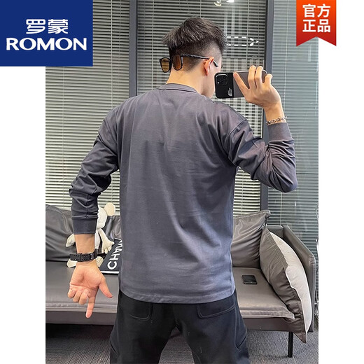 ROMON's new American retro Henry collar long-sleeved T-shirt men's solid color spring and autumn casual men's sweatshirt pure cotton loose dark gray spring and autumn XL recommended 135150Jin Jin equals 0.5 kg