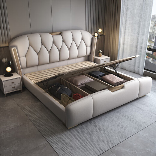 Jian Xin Einfache moderne leichte Luxus -Lederbett Doppelbett 1,8 Meter 2 Meter Hochzeitsbett Hauptschlafzimmer Queen -Bett 3532
