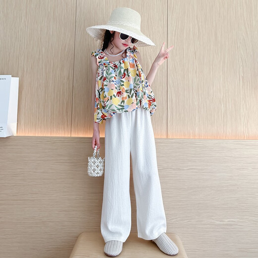 Baleinna girls suit summer suit 2025 new children's internet celebrity fashionable suspenders girls big children's pants little girls clothes summer style floral suspenders + white pants 150cm