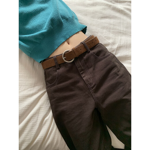 Hellooo Eat Brown Pure Cotton Straight Jeans 2024 Осень Новая средняя талия Тень.