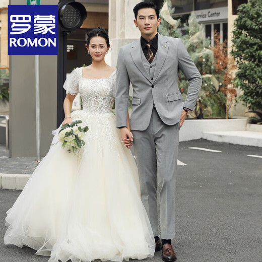 ROMON groom wedding suit men's suit dress British suit three-piece suit Korean version slim business casual professional formal suit TZ850 dark gray one-button suit + trousers + vest XL recommended 125-135 Jin Jin equals 0.5 kg