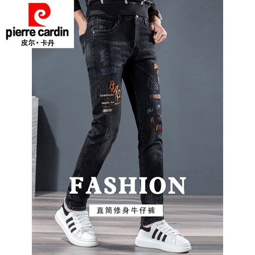 
Pier Cardin printed versatile embroidered jeans men's pattern personalized hot diamond trendy embroidery fashion brand Korean slim pants A689 black 31