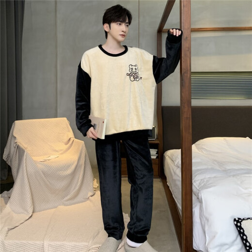 
Pajamas men's autumn and winter flannel thickened warm round neck cartoon students among teenagers loose men's home clothes WYEX3887 L (recommended 90-115 Jin [Jin equals 0.5 kg])