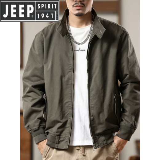 JEEP SPIRIT jacket men's 2025 autumn and winter American retro velvet workwear handsome stand-up collar casual trendy brand pilot jacket military green model regular XL suitable for weight 135-150Jin Jin equals 0.5 kg