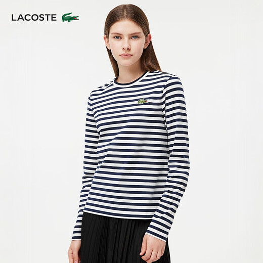 LACOSTE法国鳄鱼女装圆领时尚宽松撞色条纹休闲长袖T恤|TF9207 HHW/藏青色 S /160