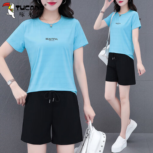 啄木鸟（TUCANO）中年女装夏装休闲运动服套装女士2025冰丝薄款时尚女装经典款式 9711紫色(印花款)【五分裤套装】 M (80-95斤)