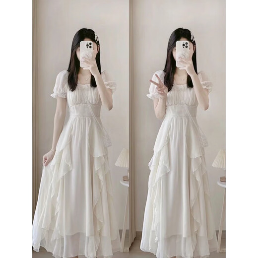 NY-RCE French White Fairy Kleid für Frauen im Sommer Neue Superfee Prinzessin Kleid sanftes Stil langer Rockkleid M [90-100jin [Jin gleich 0,5 kg]]